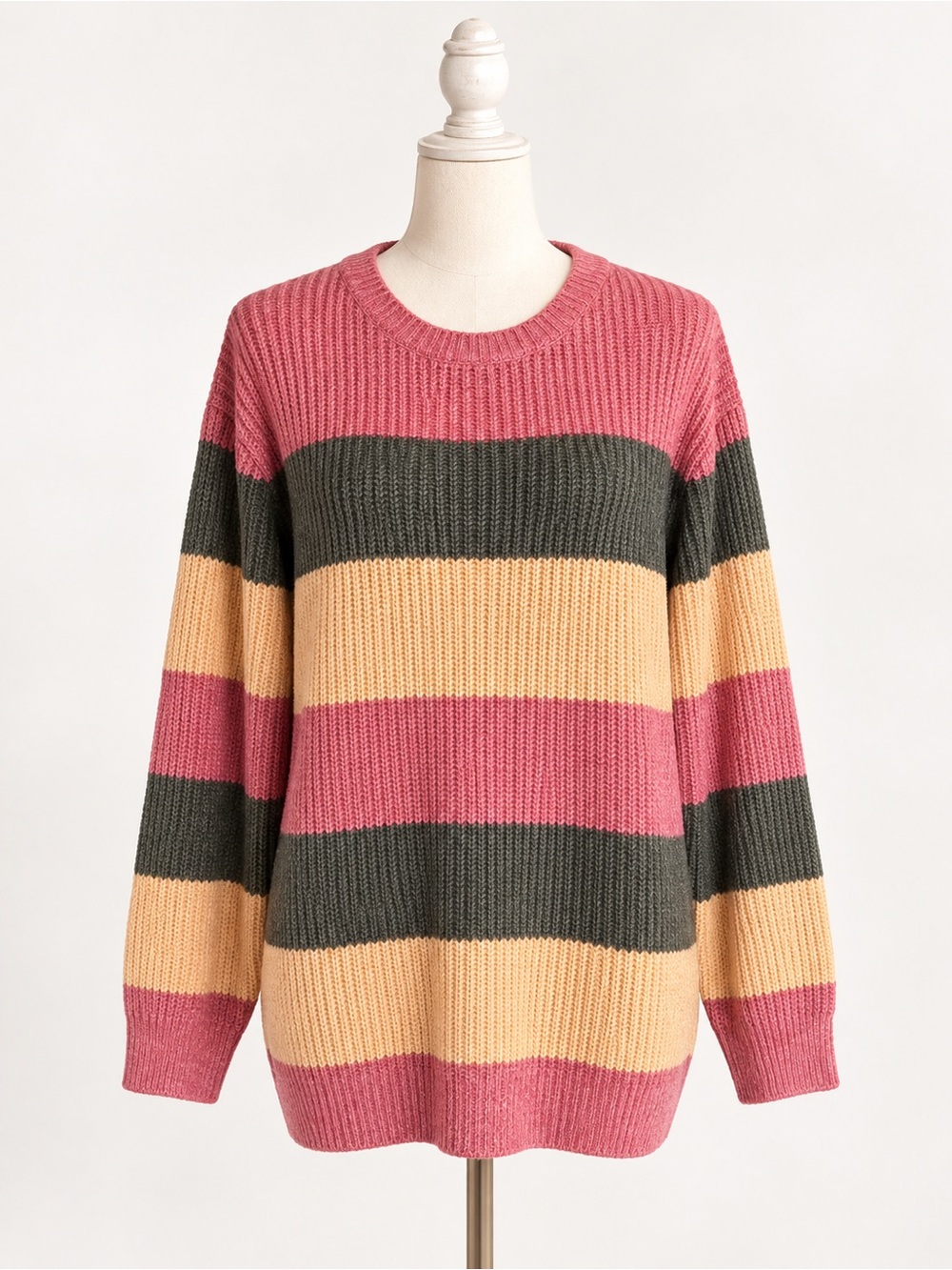 Striped Crewneck Sweater in Pink, Olive & Cream